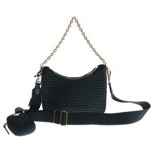 Prada Shoulder Re Straw Chain Edition Bag Tan Handbag Hobo Leather Black